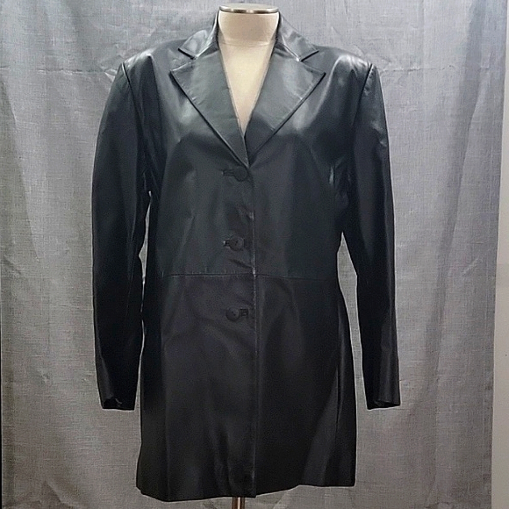 Bernardo Black genuine leather blazer jacket w/ buttons, collared, women's SZ L